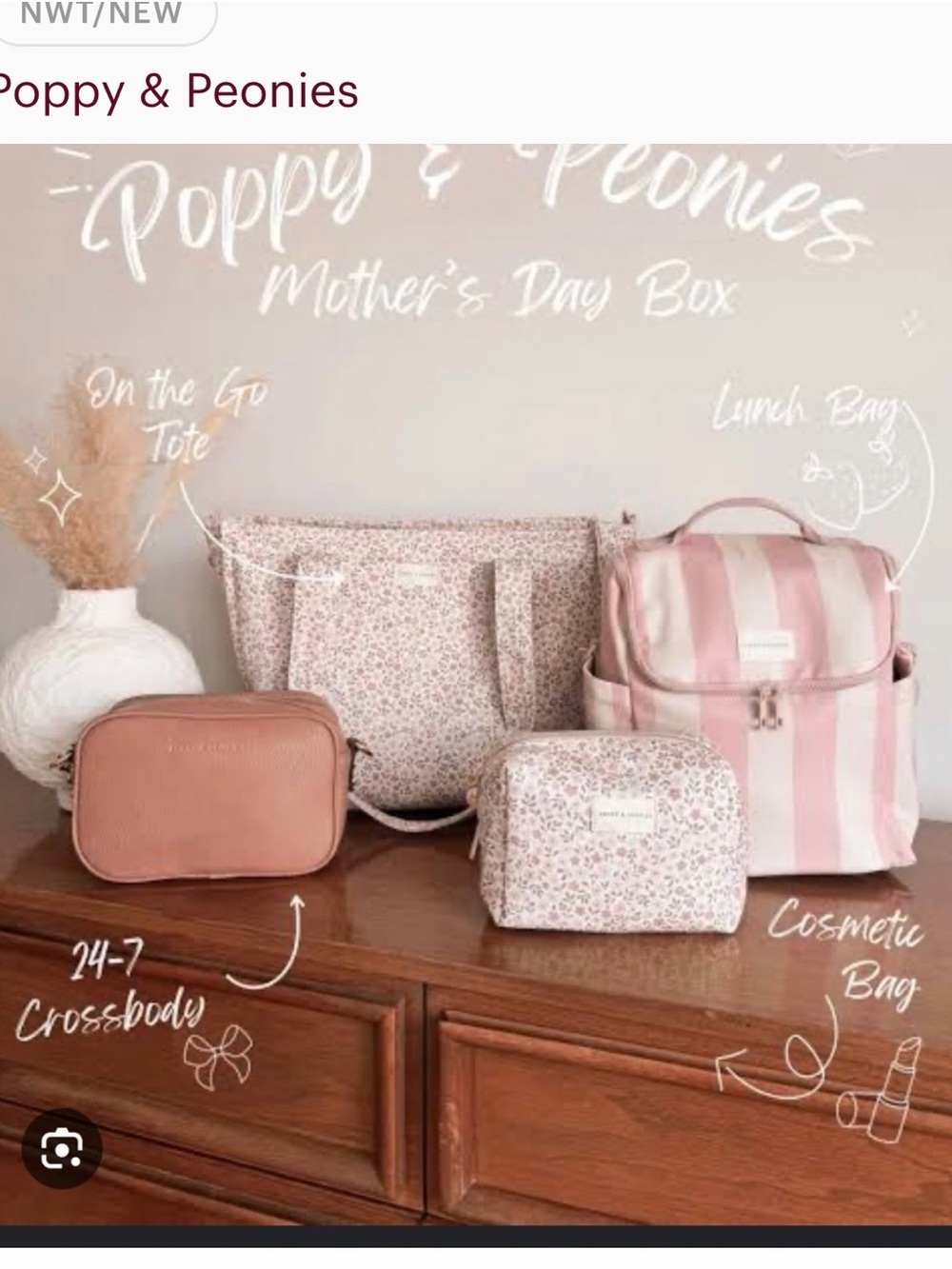 Poppy & Peonies Pink Floral and Stripe Bag Set